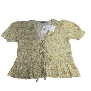 Sophie Rue Floral Tie-Front Peplum Blouse Yellow XS New